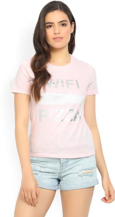 People Printed Women's Round Neck Pink T-Shirt